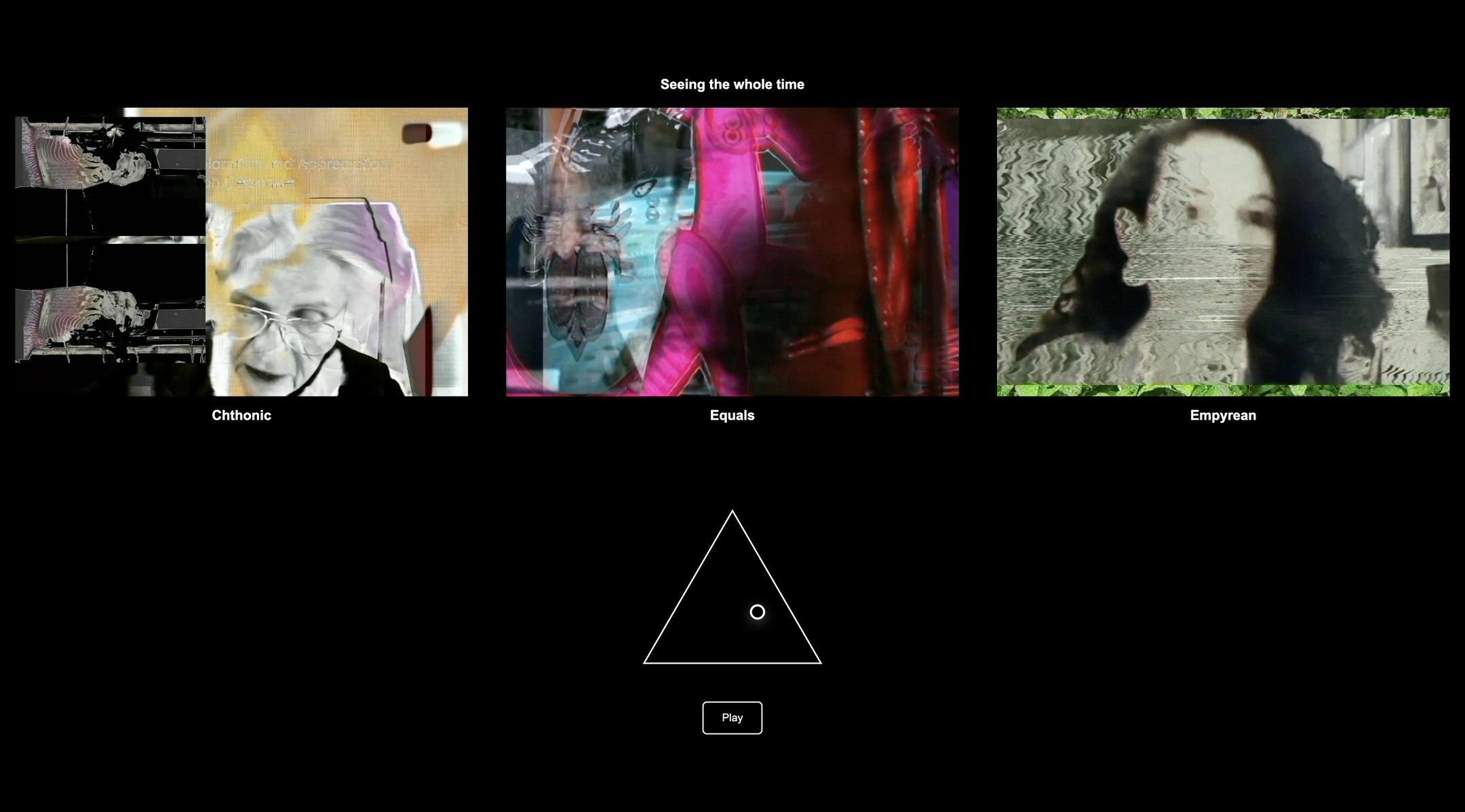 screengrab of browser-based presentation of multi-channel video installation triptych: Seeing the Whole Time: Cthonic - Equals - Empyrean as comissioned and hosted by Yes We Cannibal with a prompt to render the 'unconscious' of 1600 Government St.